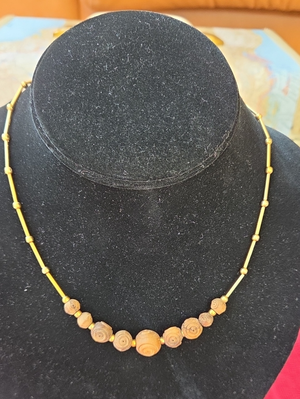 Gold-tone Necklace With Swirl-Patterned Wooden Carved Beads 17"